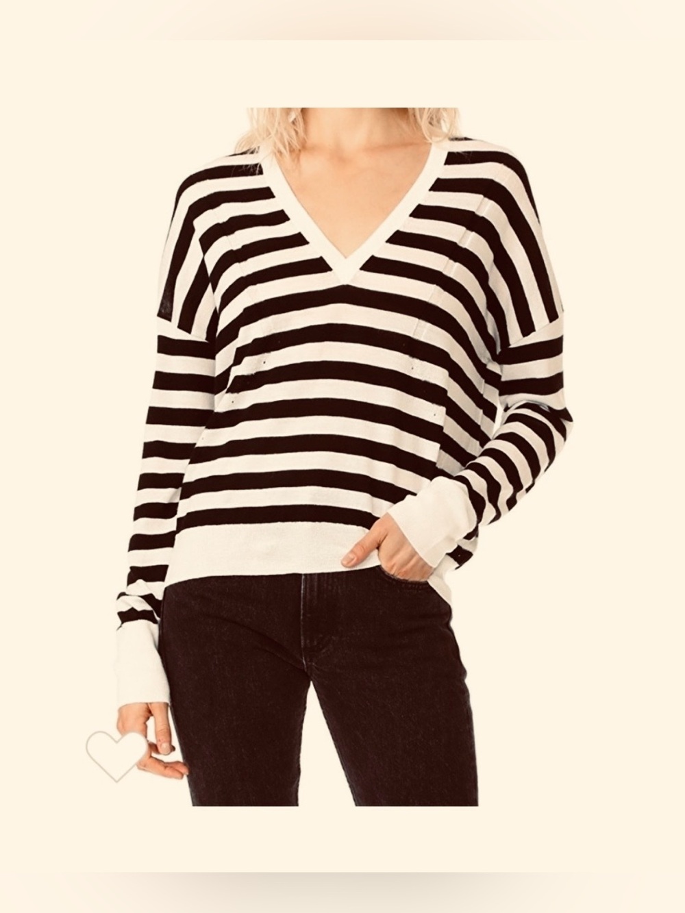 Rag & Bone JEAN Bevan V Neck‎ Ivory Black Striped Sweater Fine Merino Wool Small